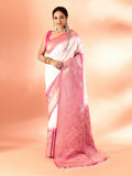 White and rani pink soft silk Banarasi saree with detailed woven border.
