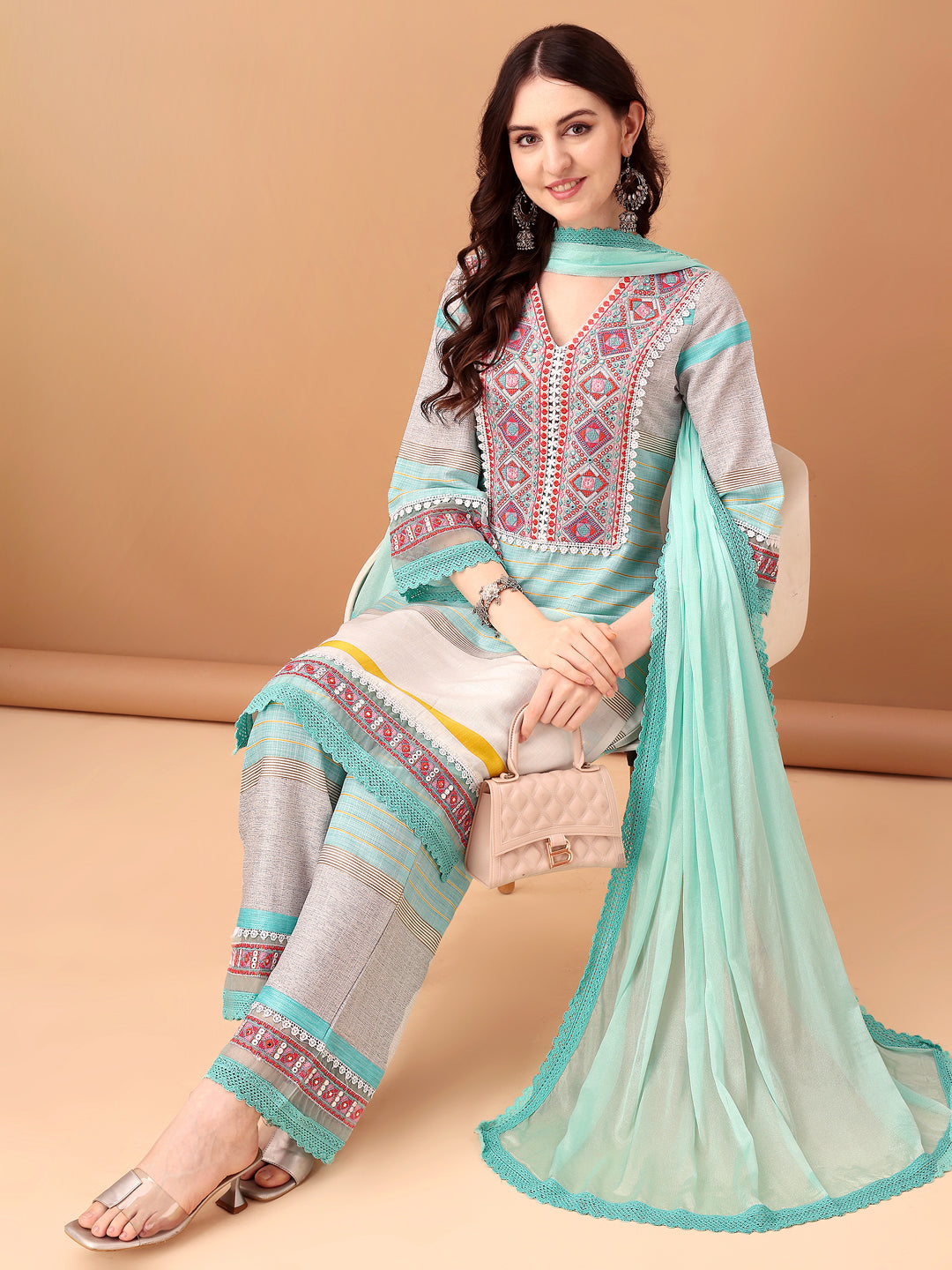 Embroidered & Printed Kurta With Pant & Dupatta Premium, Blue - Hiral Fashion