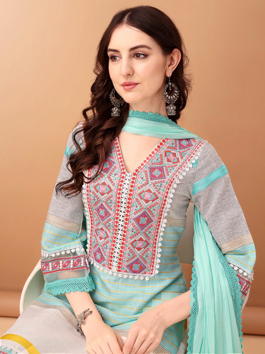 Embroidered & Printed Kurta With Pant & Dupatta Premium, Blue - Hiral Fashion