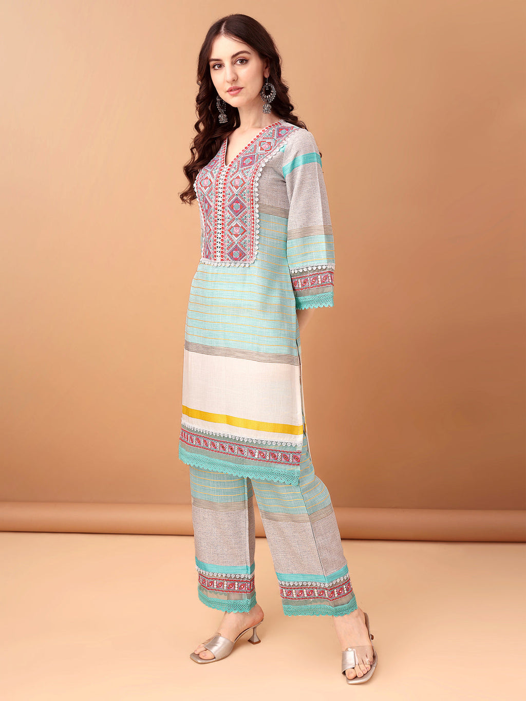 Embroidered & Printed Kurta With Pant & Dupatta Premium, Blue - Hiral Fashion