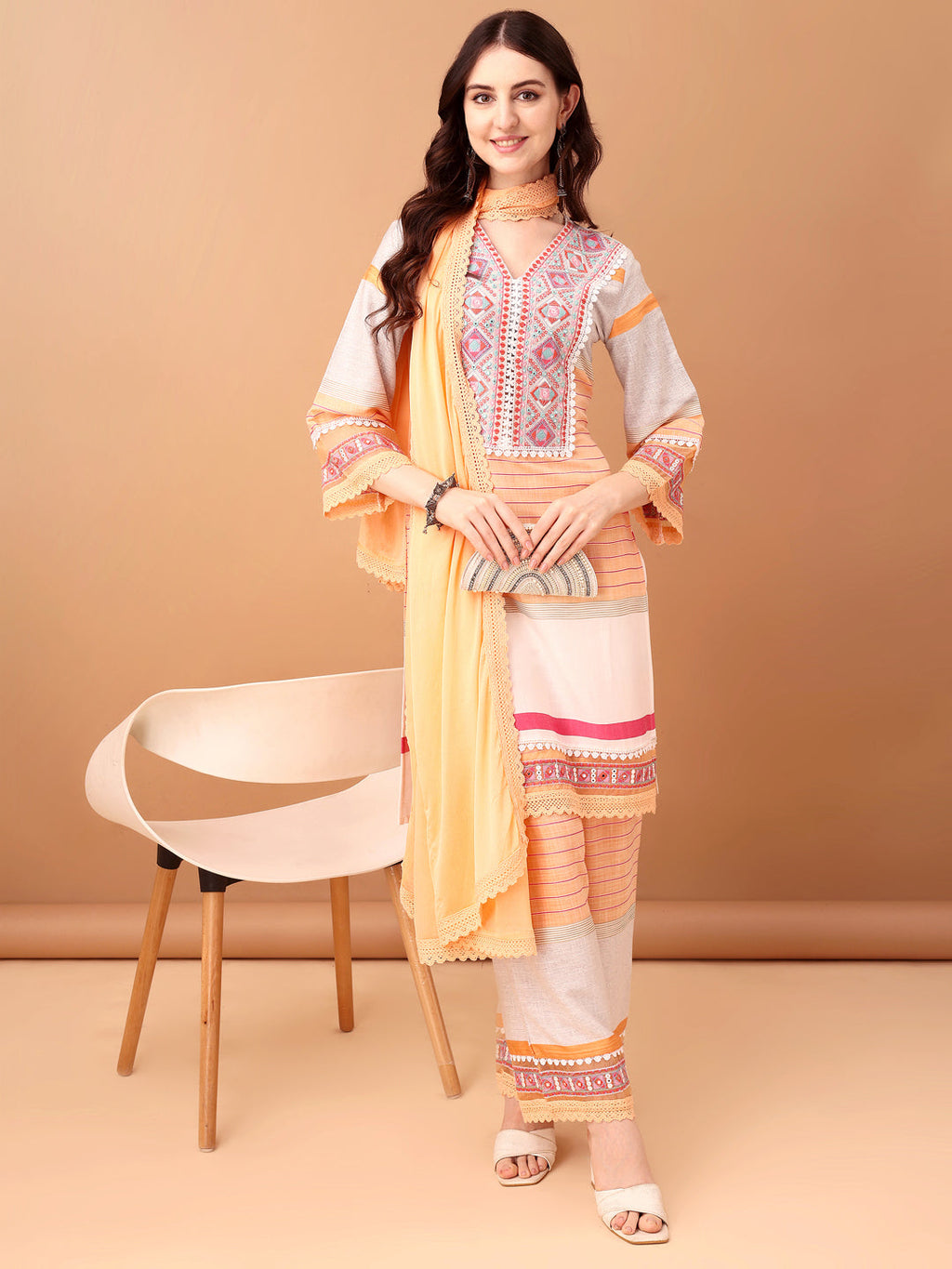 Premium Embroidered and Printed Orange Kurta Set with Dupatta