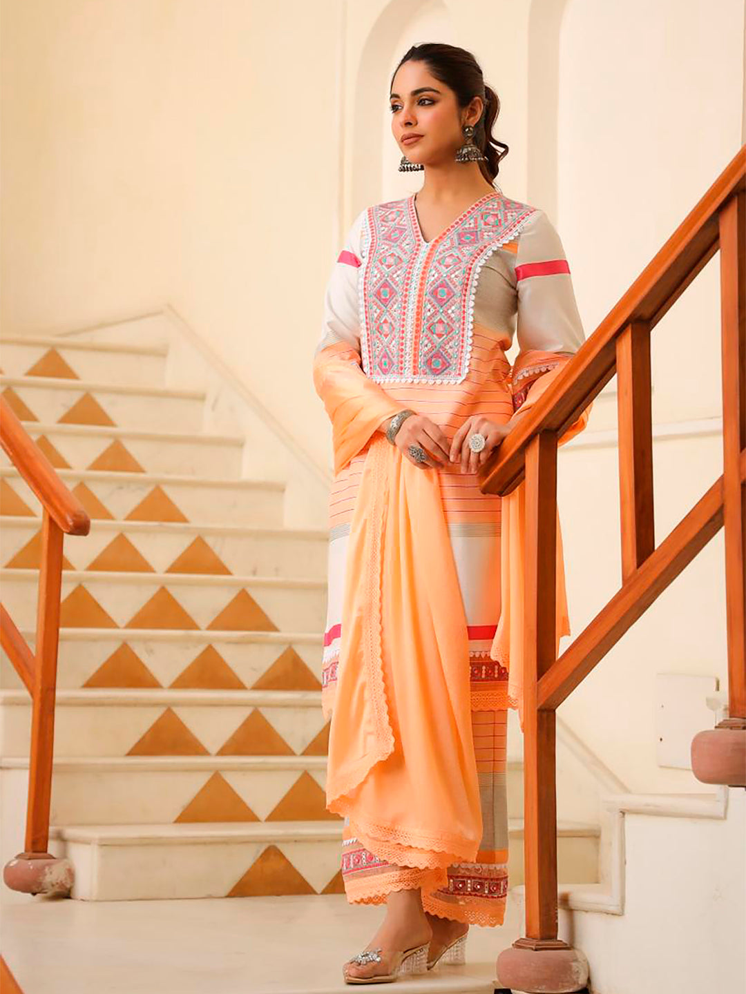 Multicolor Embroidered Rayon Kurta Set with Pant and Dupatta