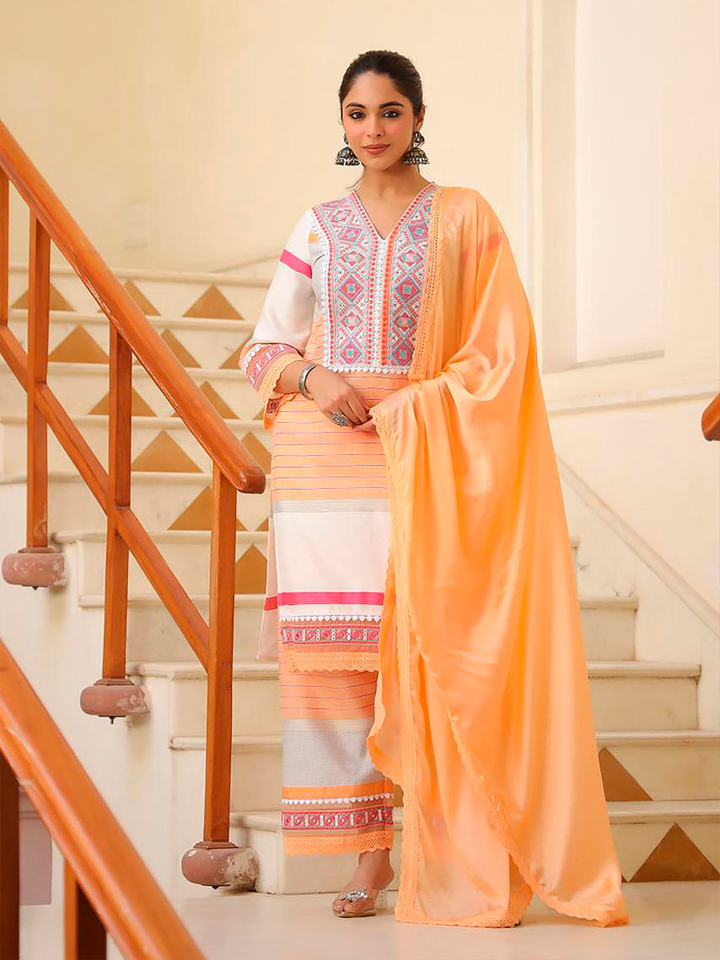 Multicolor embroidered and printed rayon kurta with matching pants and dupatta