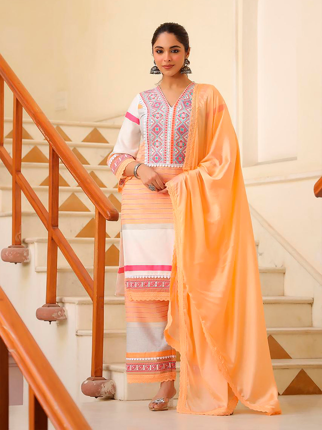 Multicolor embroidered and printed rayon kurta with matching pants and dupatta