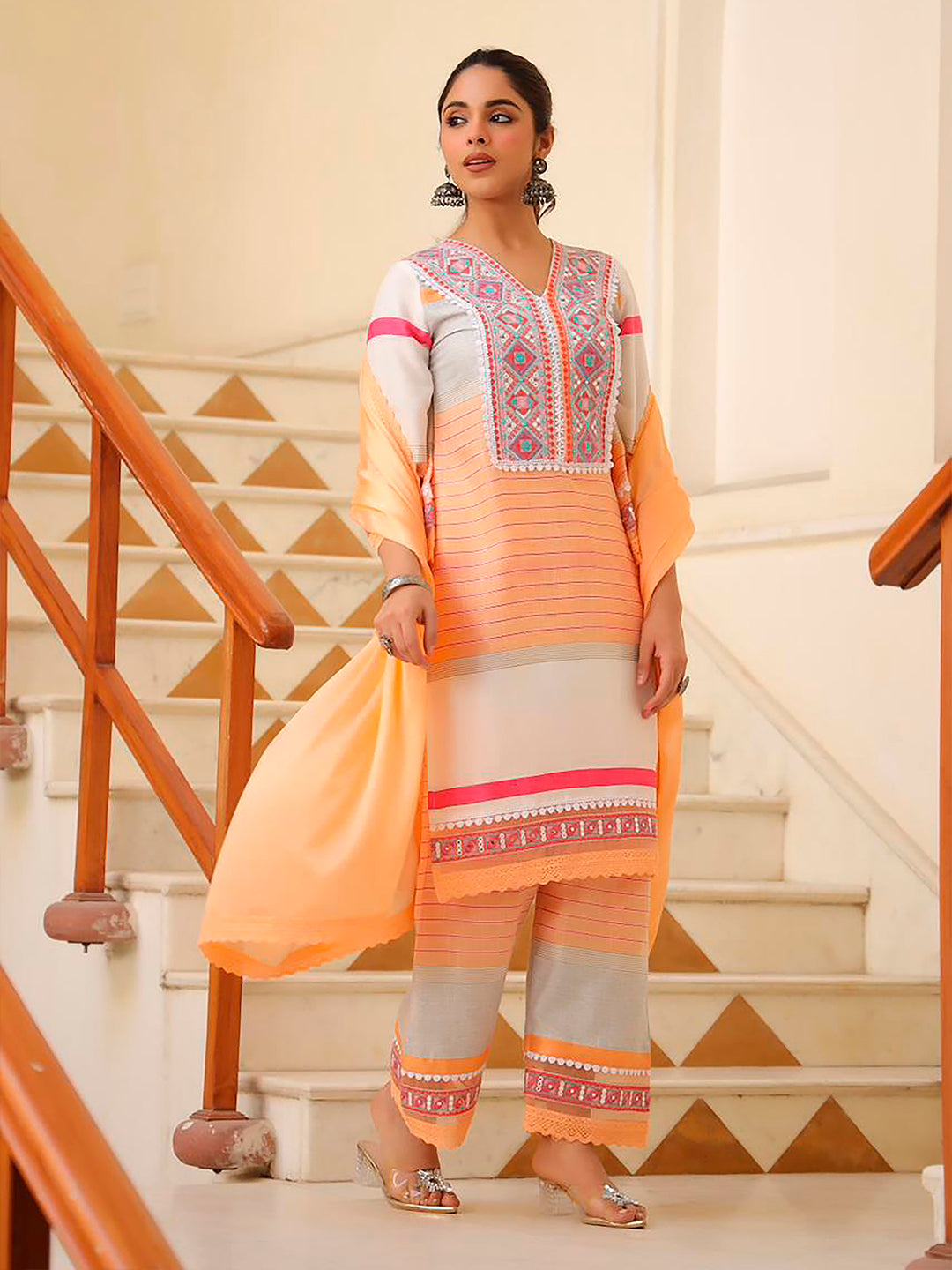 Multicolor Embroidered Rayon Kurta Set with Pant and Dupatta