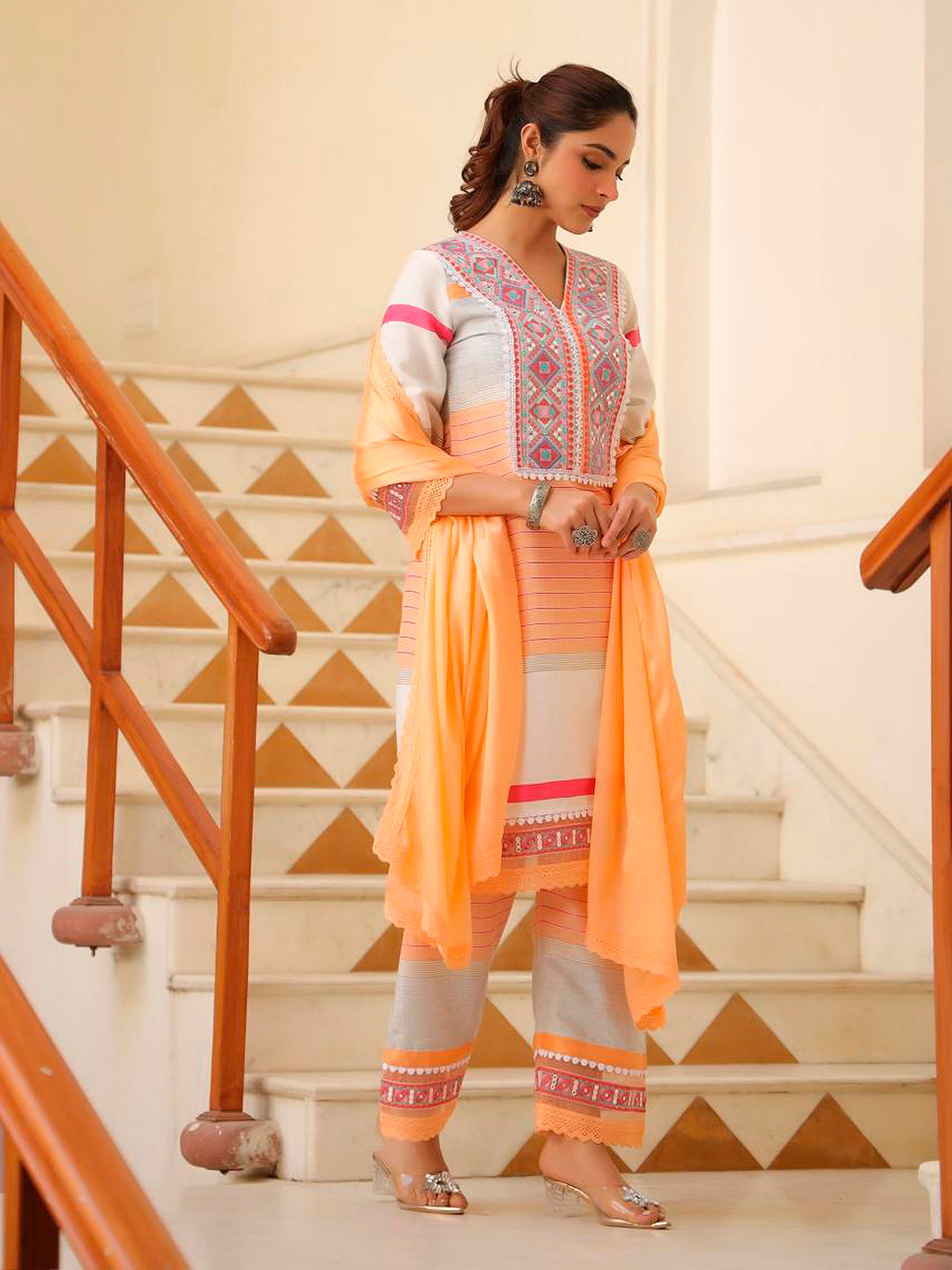 Multicolor Embroidered Rayon Kurta Set with Pant and Dupatta