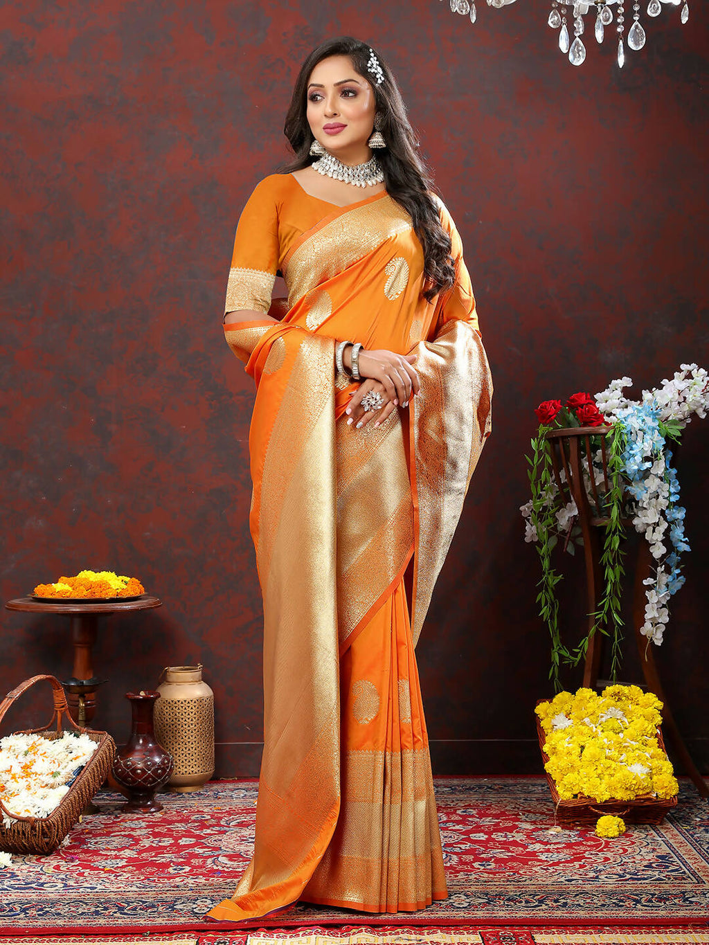 Orange Soft Silk Saree with Traditional Gold Zari Woven Design