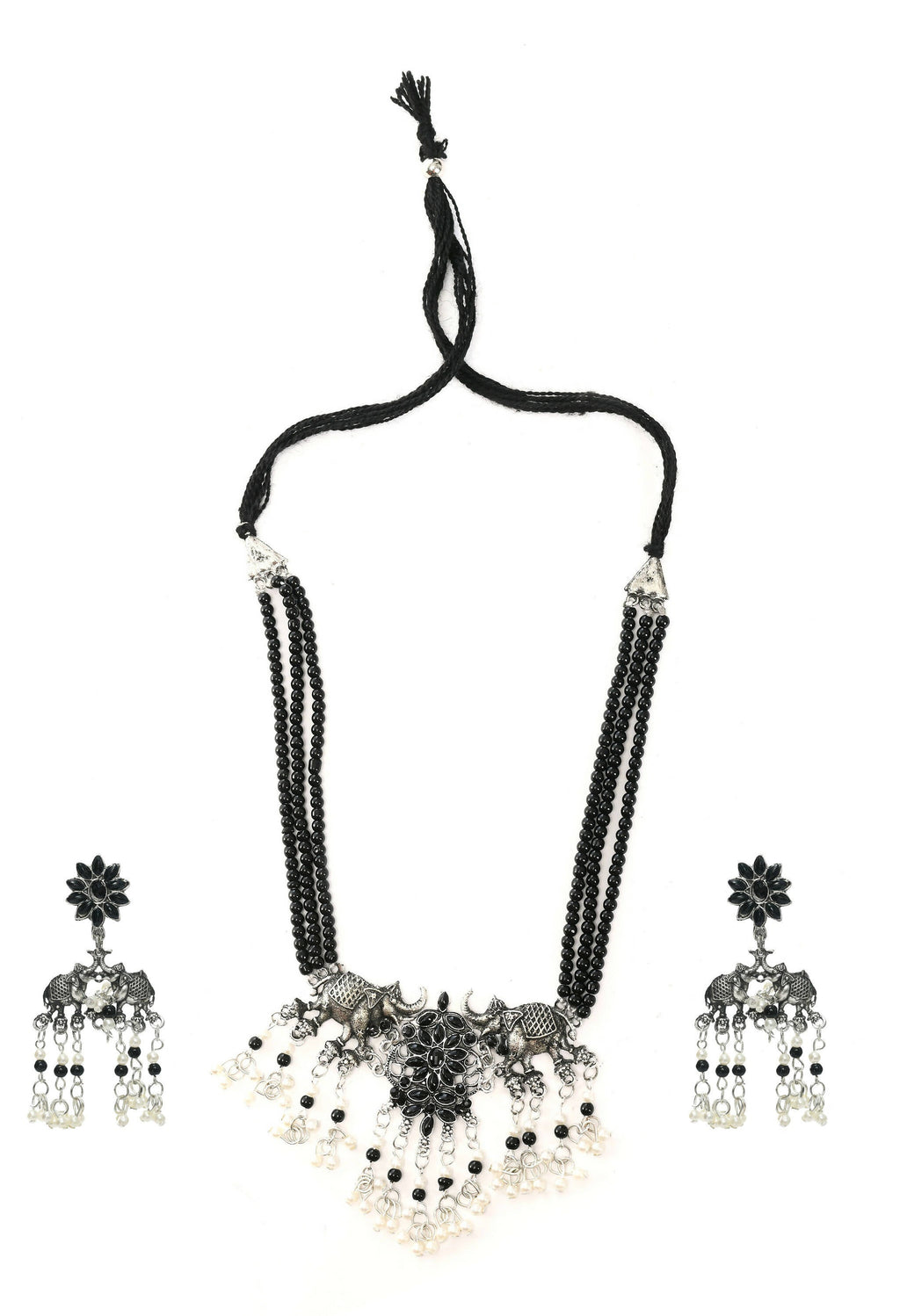 Elephant Design Oxidised Silver-Plated Long Choker (Black)