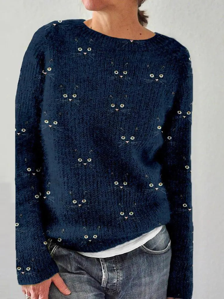Women's Cat Print Pullover Sweater Long Sleeve Cozy Knit Top - Image 10