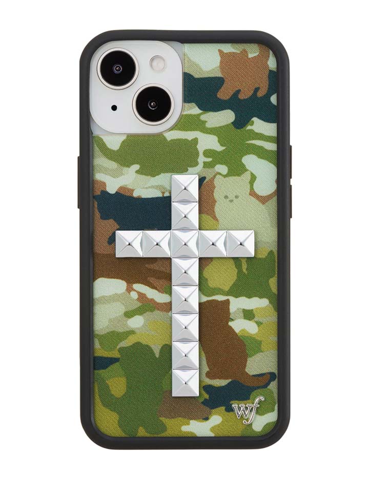 Stud Cross Cat Camo iPhone Case - Neutral Green Y2K Streetwear