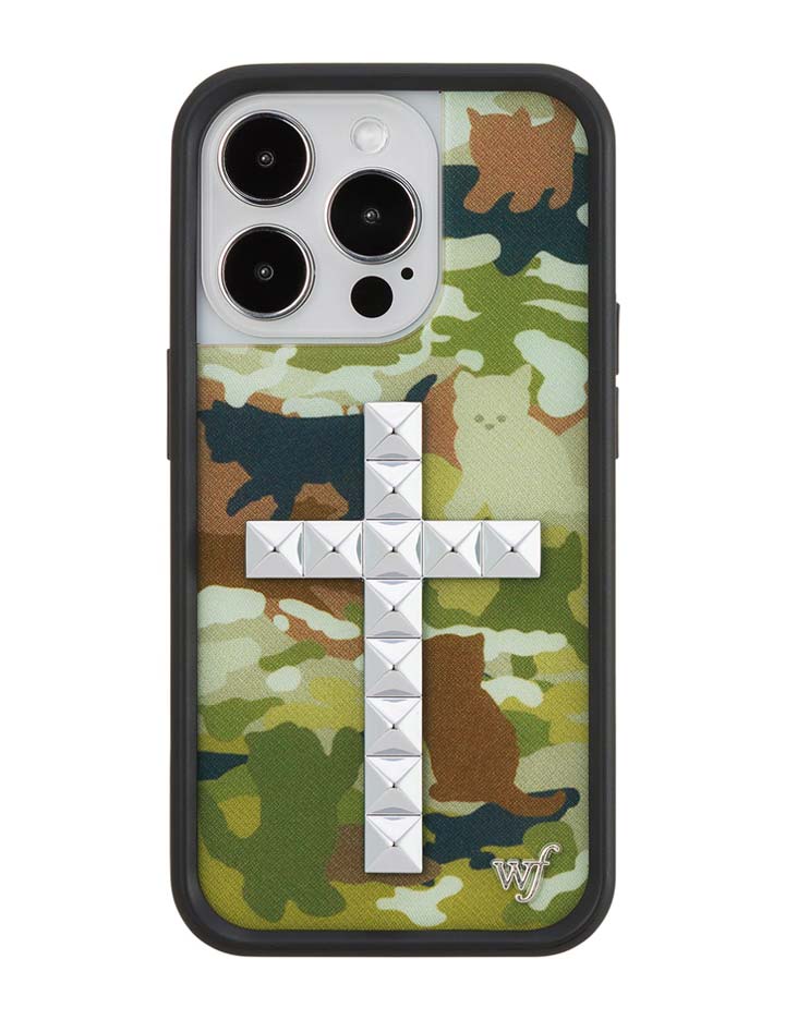 Stud Cross Cat Camo iPhone Case - Neutral Green Y2K Streetwear
