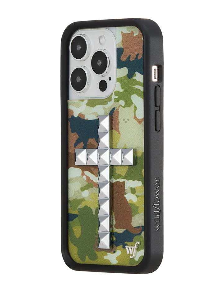 Stud Cross Cat Camo iPhone Case - Neutral Green Y2K Streetwear