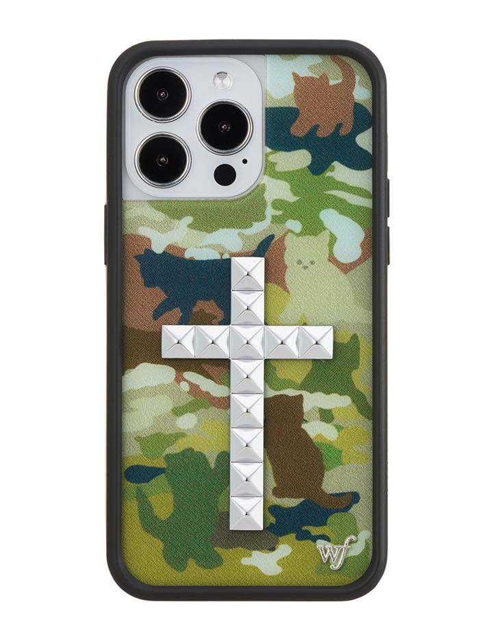 Stud Cross Cat Camo iPhone Case - Neutral Green Y2K Streetwear