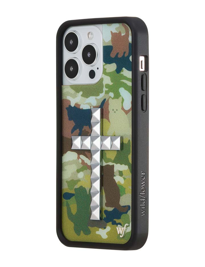 Stud Cross Cat Camo iPhone Case - Neutral Green Y2K Streetwear