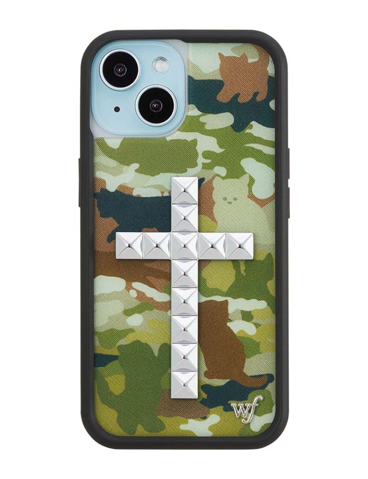 Stud Cross Cat Camo iPhone Case - Neutral Green Y2K Streetwear