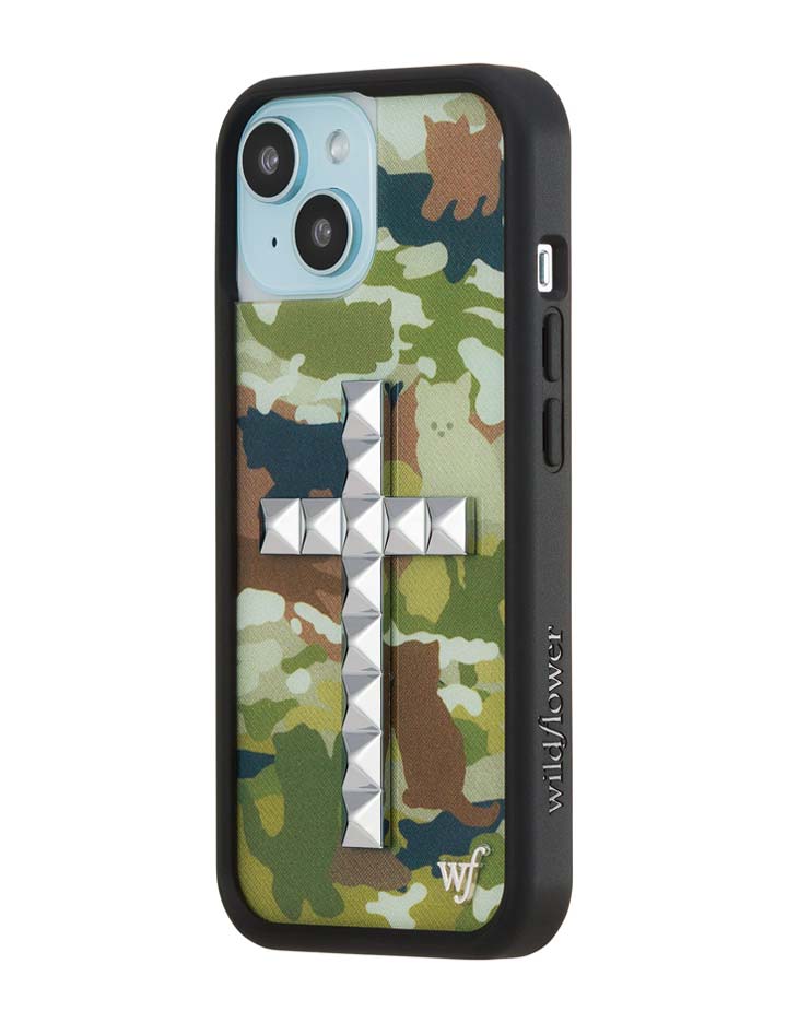 Stud Cross Cat Camo iPhone Case - Neutral Green Y2K Streetwear