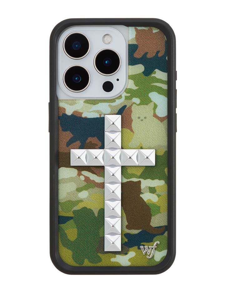 Stud Cross Cat Camo iPhone Case - Neutral Green Y2K Streetwear