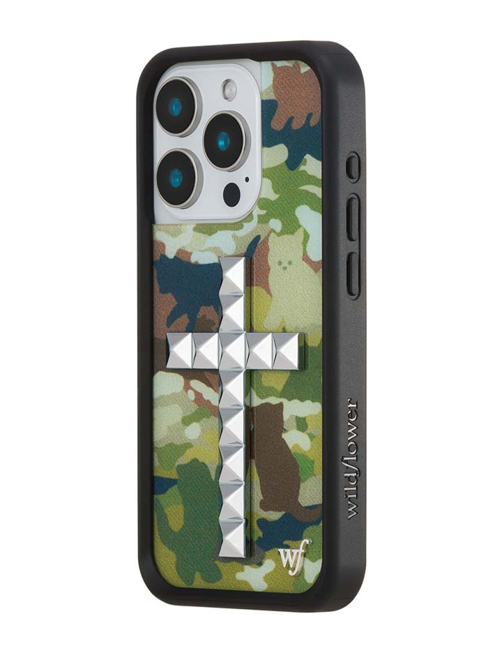 Stud Cross Cat Camo iPhone Case - Neutral Green Y2K Streetwear