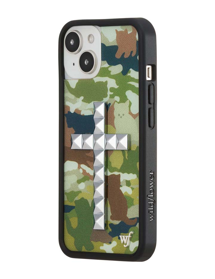 Stud Cross Cat Camo iPhone Case - Neutral Green Y2K Streetwear