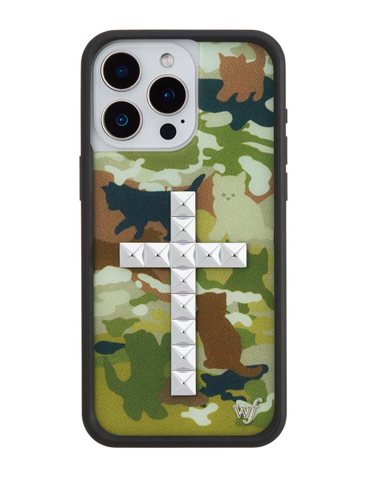 Stud Cross Cat Camo iPhone Case - Neutral Green Y2K Streetwear