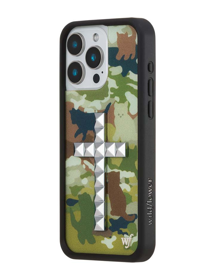 Stud Cross Cat Camo iPhone Case - Neutral Green Y2K Streetwear