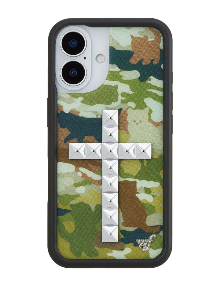 Stud Cross Cat Camo iPhone Case - Neutral Green Y2K Streetwear