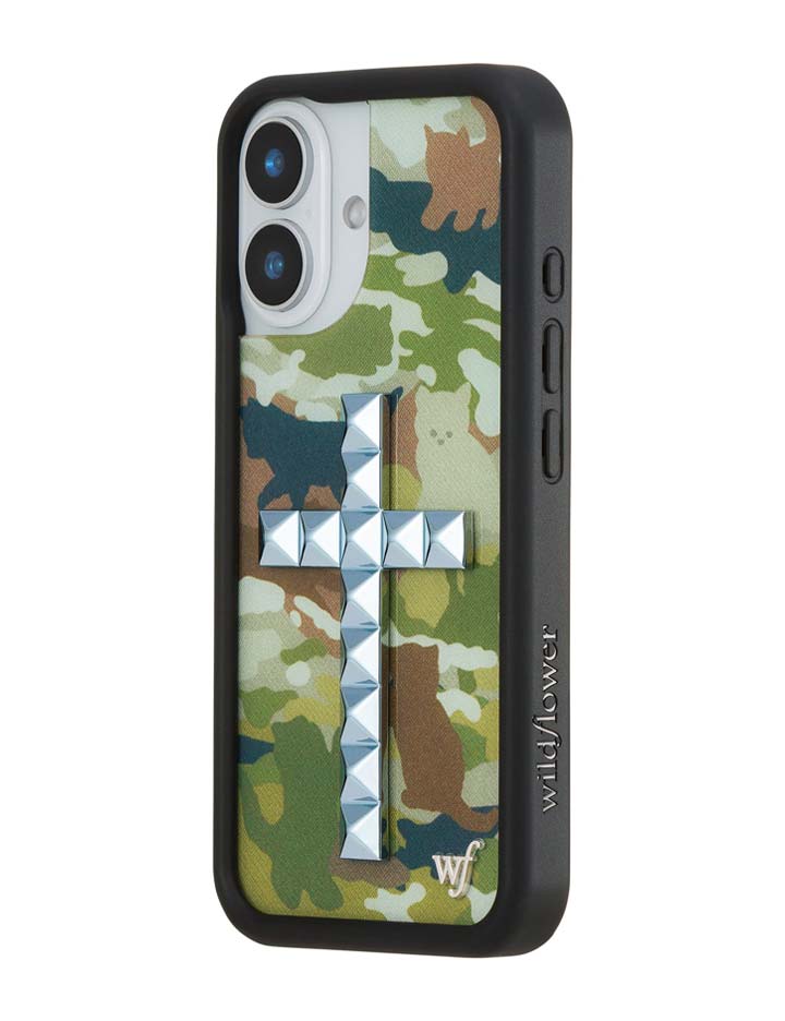 Stud Cross Cat Camo iPhone Case - Neutral Green Y2K Streetwear