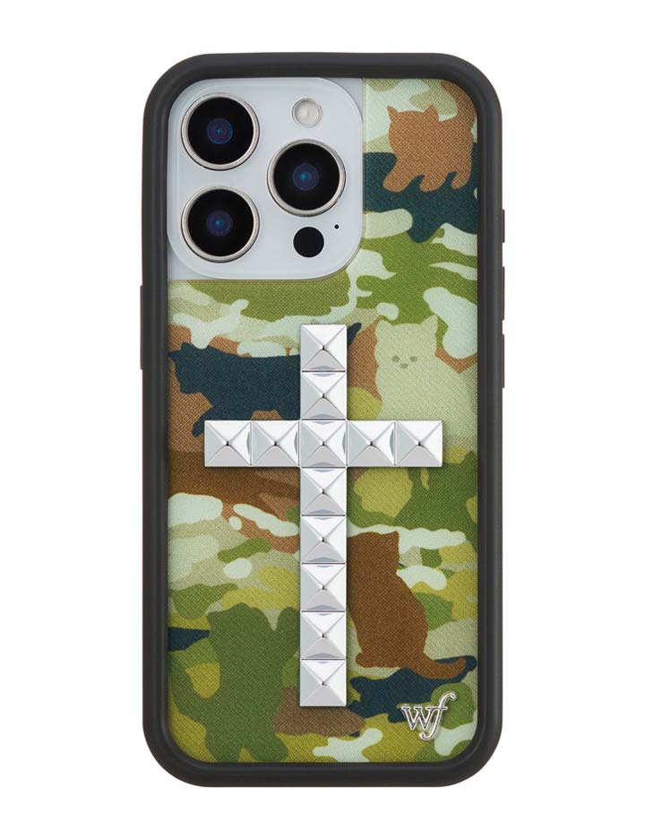 Stud Cross Cat Camo iPhone Case - Neutral Green Y2K Streetwear
