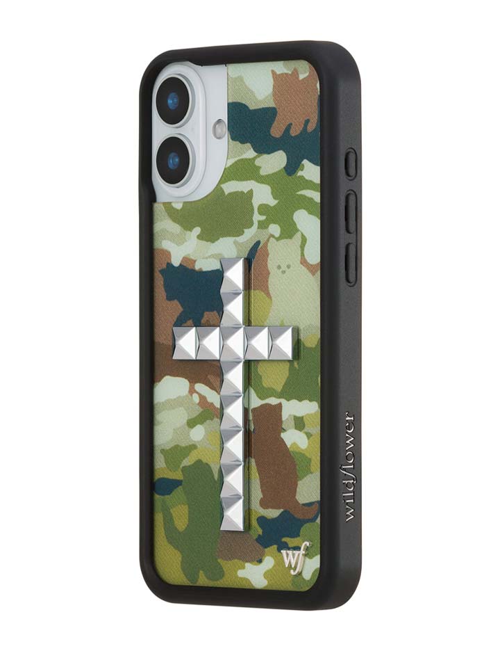 Stud Cross Cat Camo iPhone Case - Neutral Green Y2K Streetwear