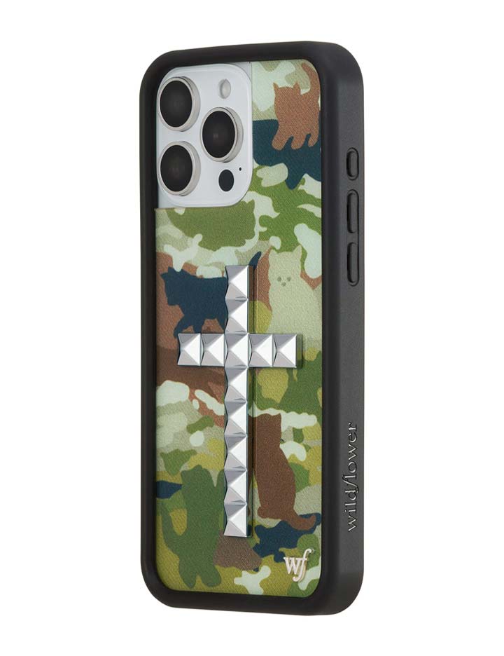 Stud Cross Cat Camo iPhone Case - Neutral Green Y2K Streetwear