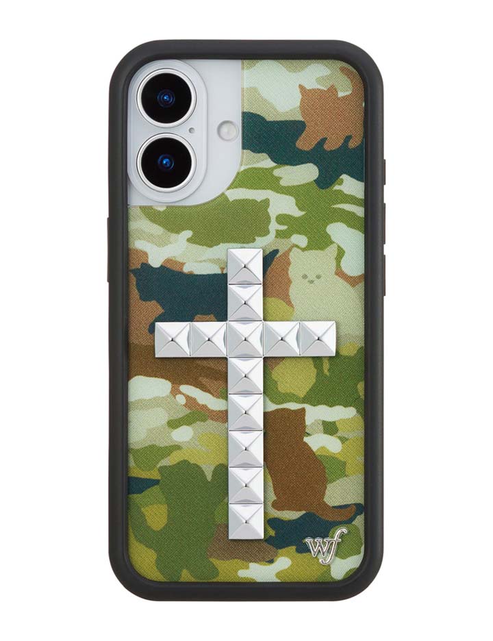 Stud Cross Cat Camo iPhone Case - Neutral Green Y2K Streetwear