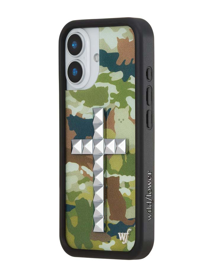 Stud Cross Cat Camo iPhone Case - Neutral Green Y2K Streetwear