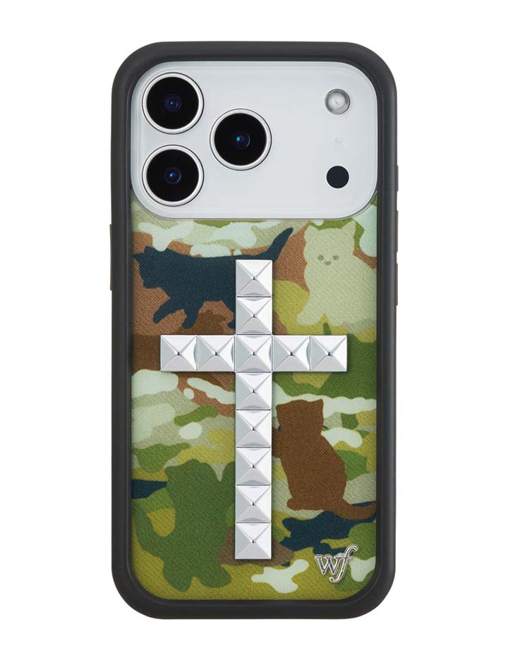 Stud Cross Cat Camo iPhone Case - Neutral Green Y2K Streetwear
