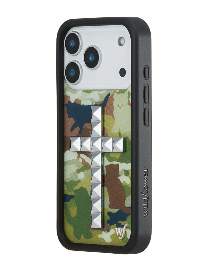 Stud Cross Cat Camo iPhone Case - Neutral Green Y2K Streetwear