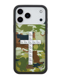 Green and brown camo iPhone case featuring hidden cat shapes and silver stud cross detail