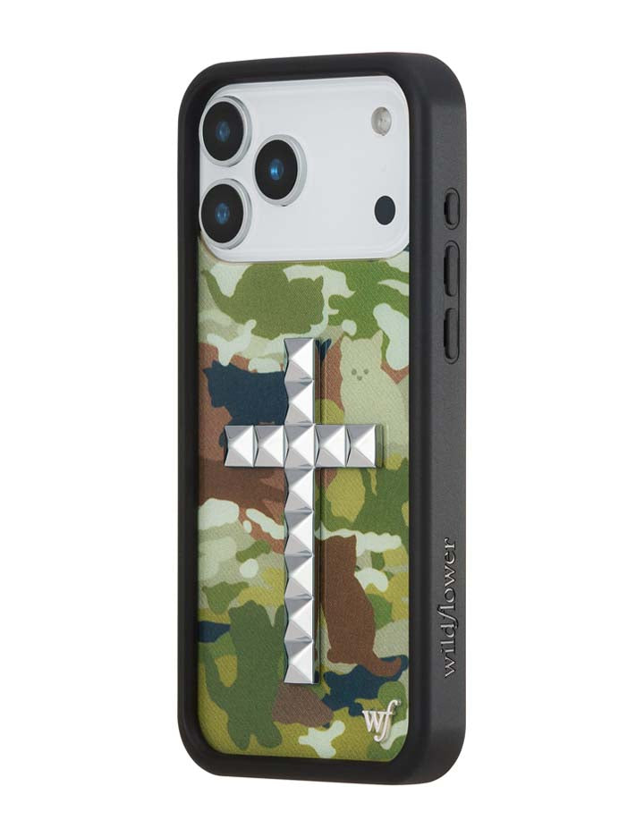Stud Cross Cat Camo iPhone Case - Neutral Green Y2K Streetwear