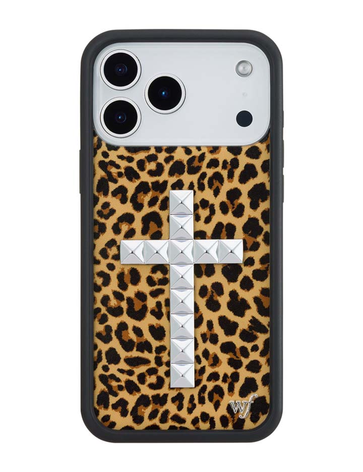 Leopard print iPhone case with black and silver studded cross detail