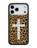 Leopard print iPhone case with black and silver studded cross detail