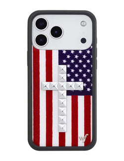 American flag iPhone case with silver stud cross detailing in red white and blue