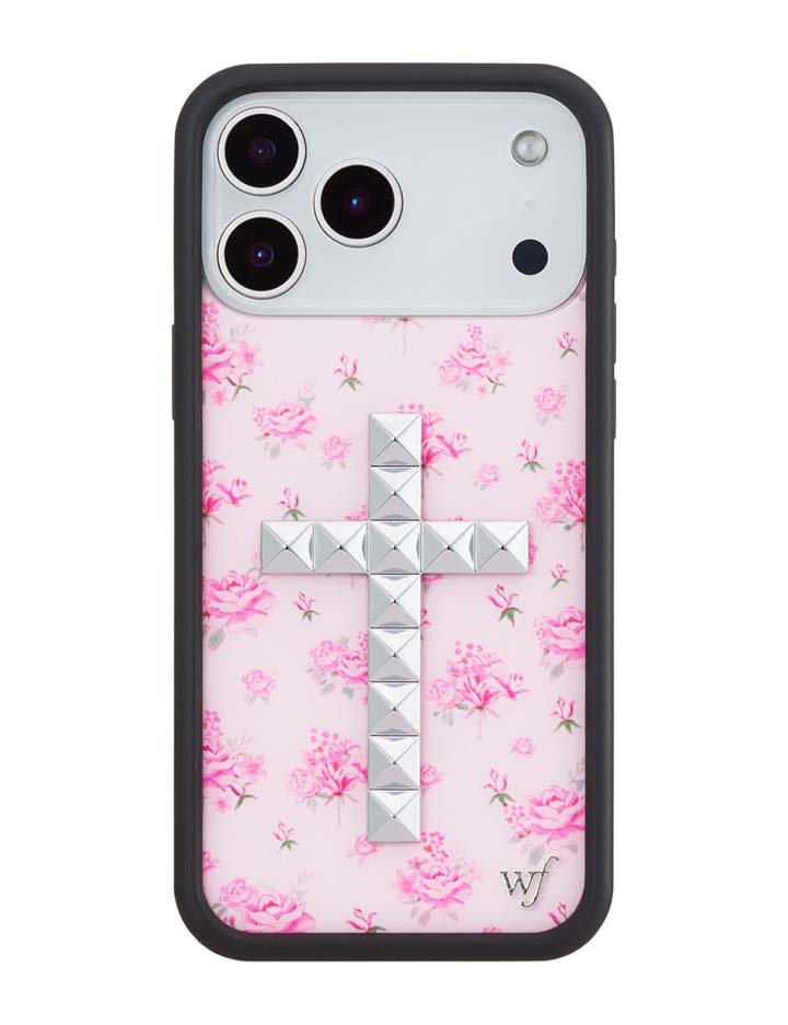 iPhone case with pink floral forget-me-not pattern and silver stud crosses