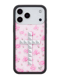 iPhone case with pink floral forget-me-not pattern and silver stud crosses