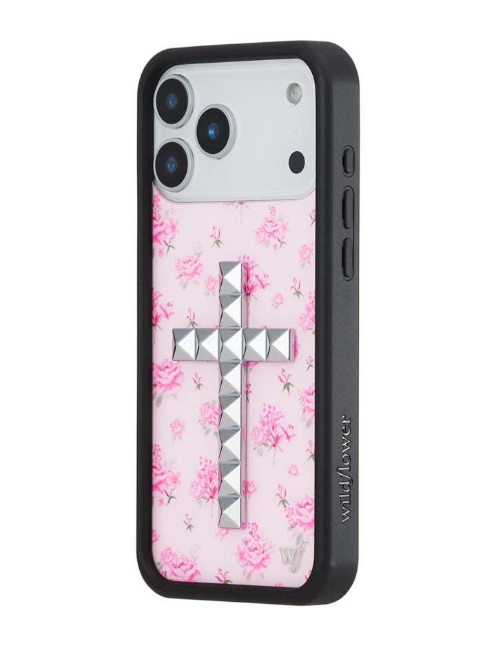 Floral Stud Cross iPhone Case - Pink Cottagecore Tech Accessory