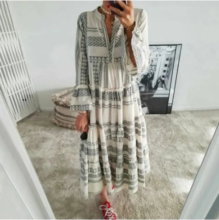 Women's Geometric Print V-Neck Maxi Dress