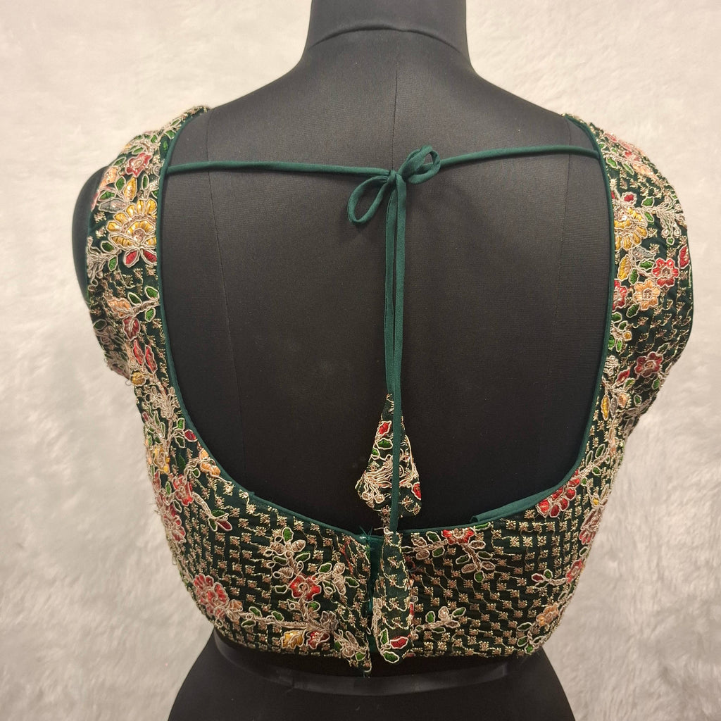 Bottle Green Georgette V-Neck Blouse with Multicolor Embroidery