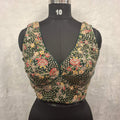 Bottle Green Georgette readymade blouse with multicolor zari and sequin embroidery