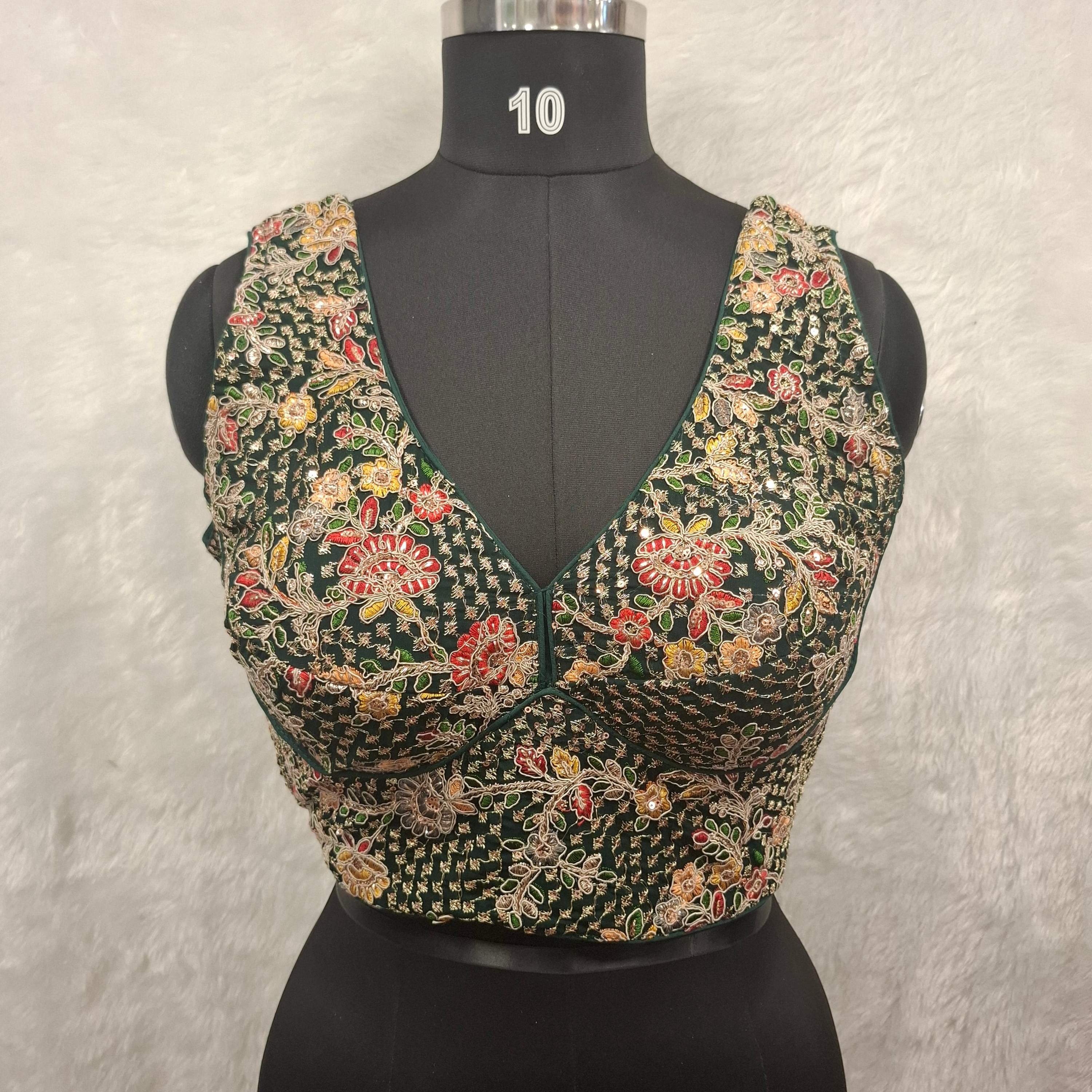 Bottle Green Georgette readymade blouse with multicolor zari and sequin embroidery