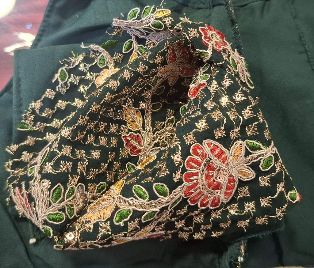 Bottle Green Georgette V-Neck Blouse with Multicolor Embroidery