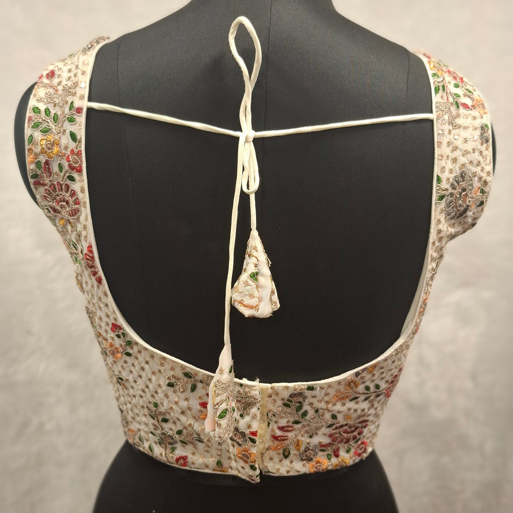 White Georgette V-Neck Blouse with Multicolor Embroidery