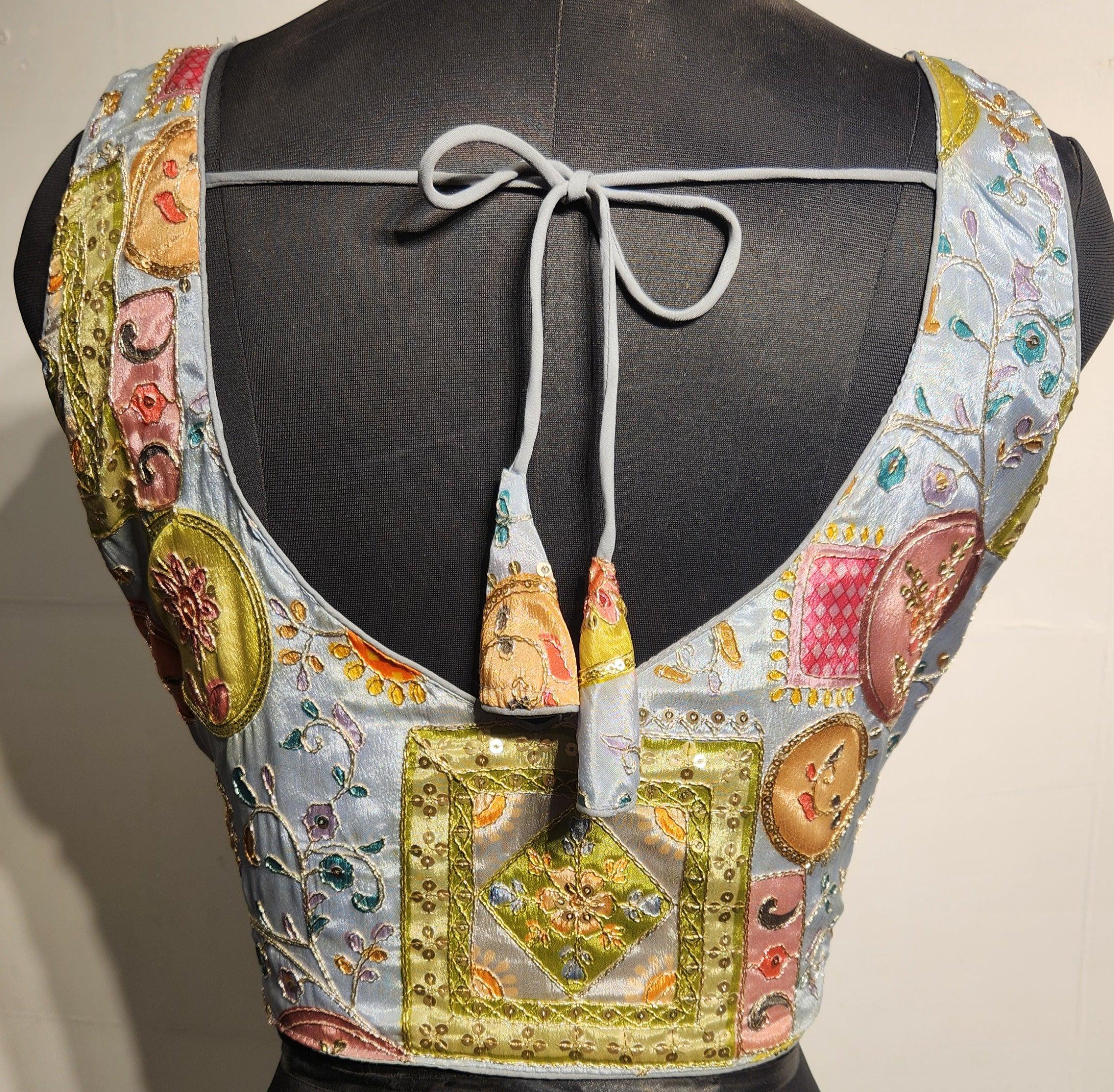 Grey Readymade Blouse with Sequins and Zari Embroidery