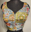 Grey readymade blouse with sequins, zari embroidery, and multicolor print